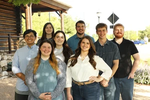 Photo Caption #1: For the seventh year in a row, the College of the Ozarks student-produced broadcast news magazine, The Point, is recognized for excellence in student journalism. (Front row, left to right: Autumn Garrett, Clancy Callahan. Middle Row, left to Right: Jacob Henry, Olivia Moss, David Mazula. Back Row, left to right: Abby Johnson, Aric Avey, and Matthew Clark)